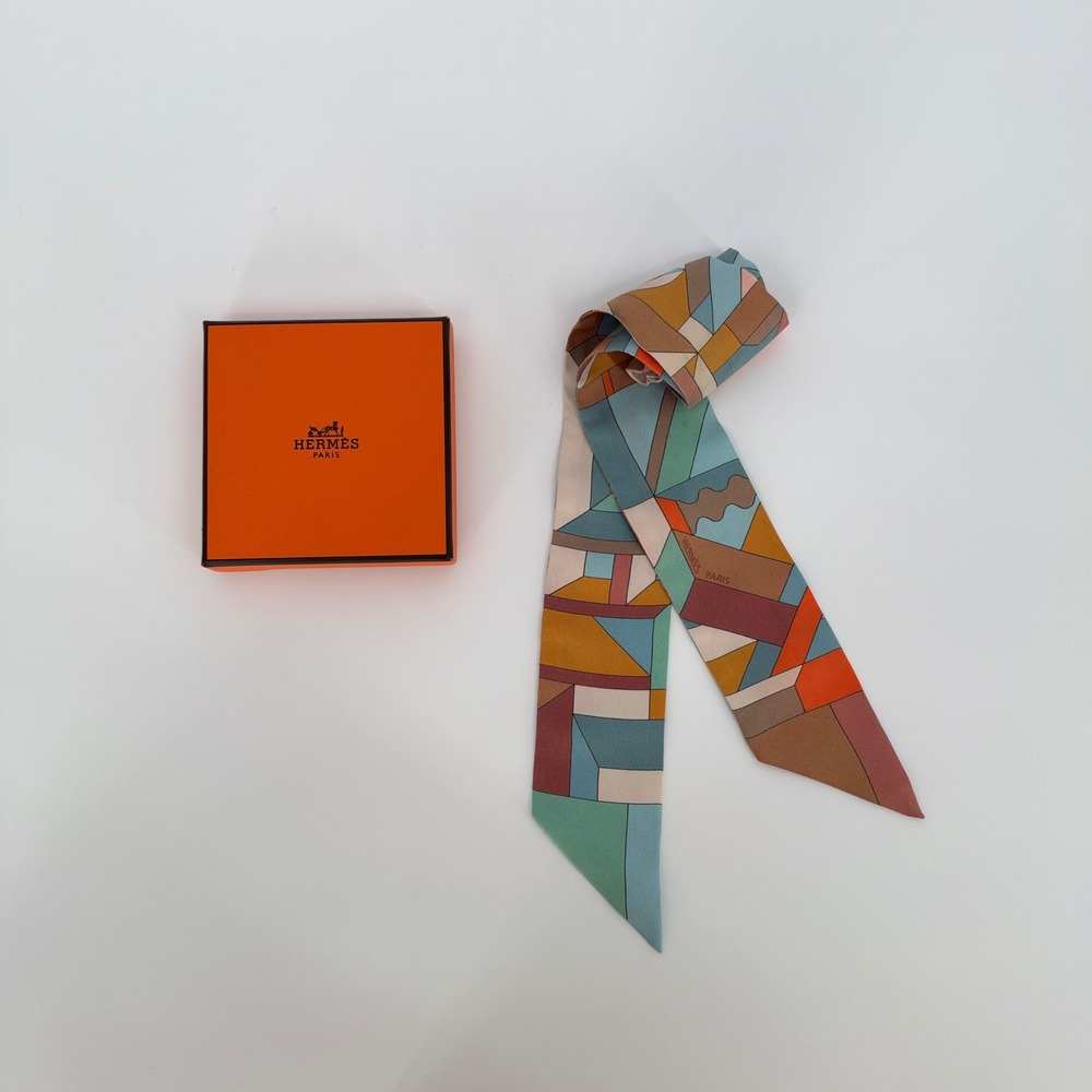 Hermes Silk Twilly Scarf Multi Geometric Bandana Hair Tie Bag Accessory Luxury
